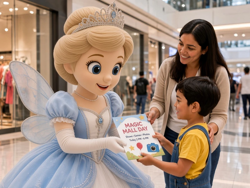 Western princess mascot handing a Magic Mall Day brochure to a child in a modern shopping mall