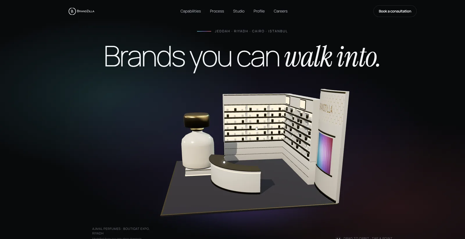 Brandzilla website with a dark background, a 3D exhibition booth and the headline Brands you can walk into