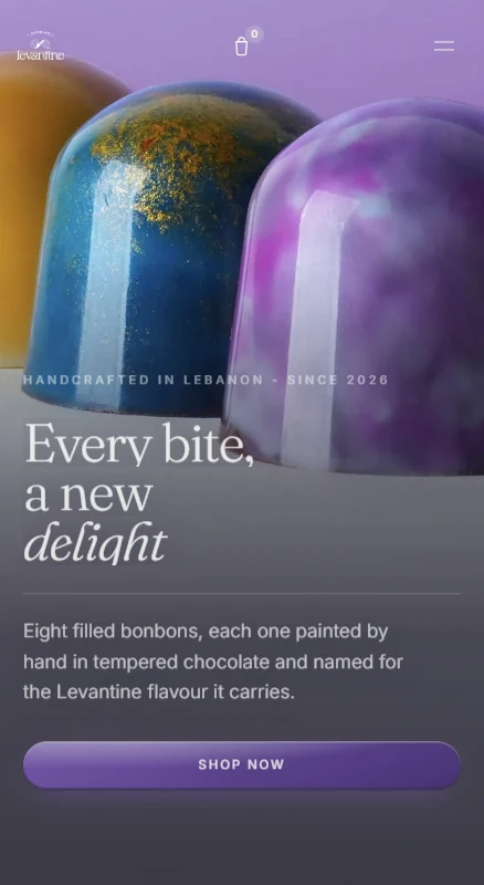 Mobile chocolate homepage showing colorful bonbons and the headline Every bite, a new delight